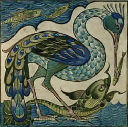 Motif de carreau de héron et poisson, par Walter Crane